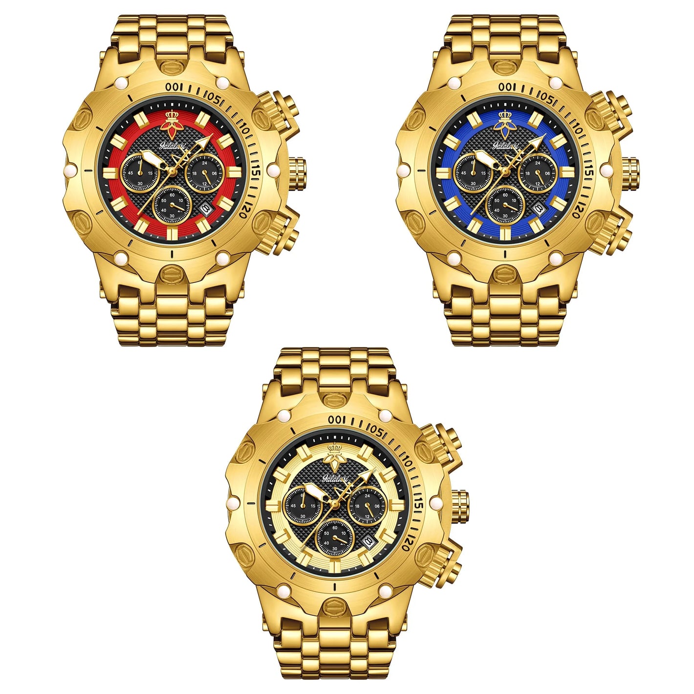 goobingoo, gold chronograph watch, mens oversized watch, blue dial gold watch, luxury stainless steel watch, bold executive timepiece, diver style watch, waterproof quartz watch, gold link bracelet, statement mens watch goobingoo