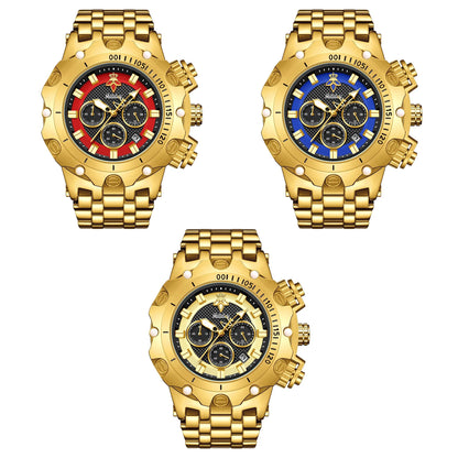 goobingoo, gold chronograph watch, mens oversized watch, blue dial gold watch, luxury stainless steel watch, bold executive timepiece, diver style watch, waterproof quartz watch, gold link bracelet, statement mens watch goobingoo