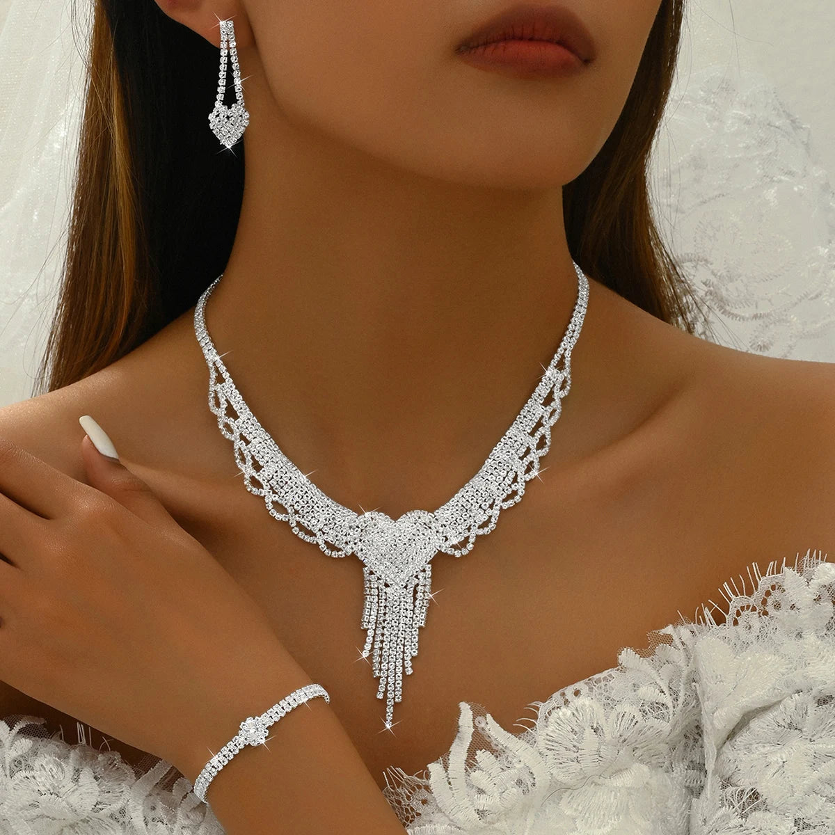 Peach Heart Tassel Jewelry Set Necklace Earrings Bracelet
