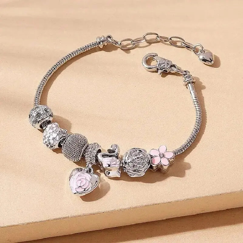 Rose Swan Charm Bracelet Love Drip Oil Cute Jewelry