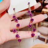 Vintage Rose Drop Earrings Long Diamond Elegant Jewelry