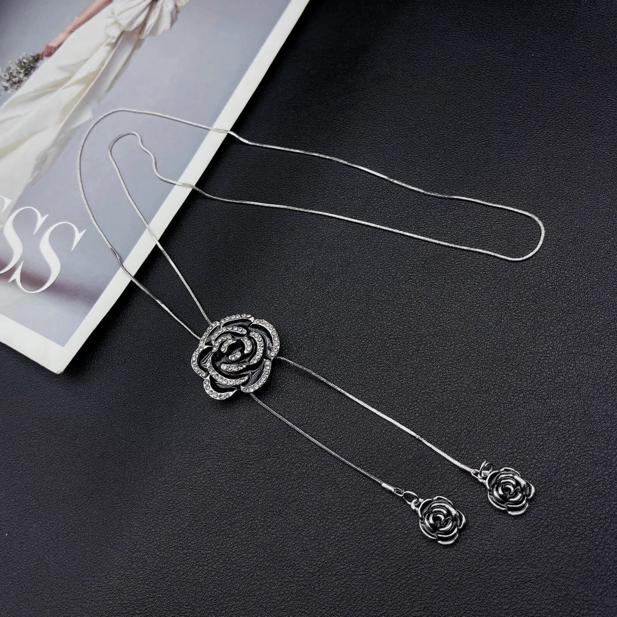 Black Rose Pendant Necklace Gothic Long Statement Chain