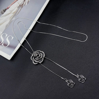 Black Rose Pendant Necklace Gothic Long Statement Chain