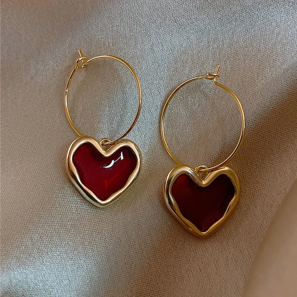 Wine Red Heart Earrings Romantic Statement Jewelry