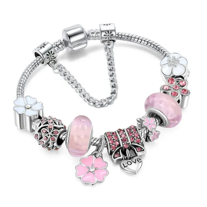 Glass Pearl Bead Bracelet — Retro Floral Charm Design