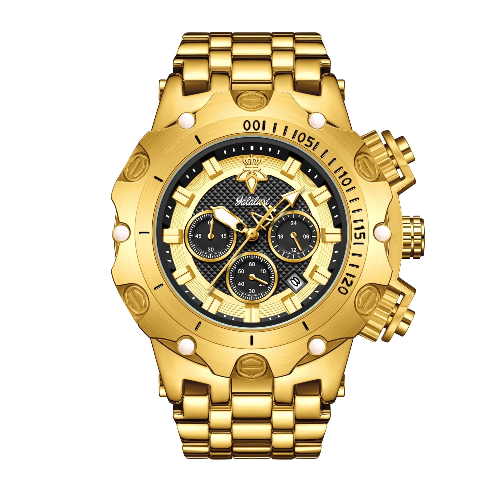 goobingoo, gold chronograph watch, mens oversized watch, blue dial gold watch, luxury stainless steel watch, bold executive timepiece, diver style watch, waterproof quartz watch, gold link bracelet, statement mens watch goobingoo