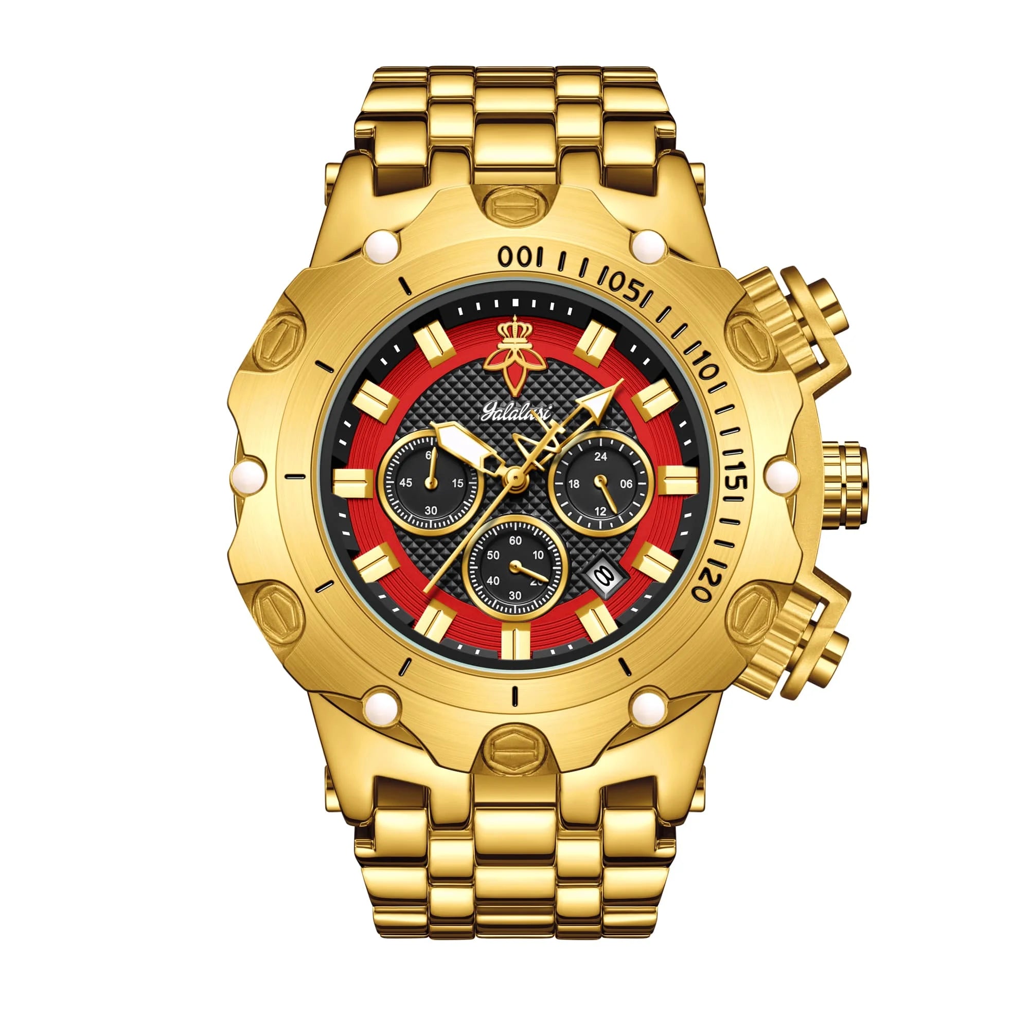 goobingoo, gold chronograph watch, mens oversized watch, blue dial gold watch, luxury stainless steel watch, bold executive timepiece, diver style watch, waterproof quartz watch, gold link bracelet, statement mens watch goobingoo