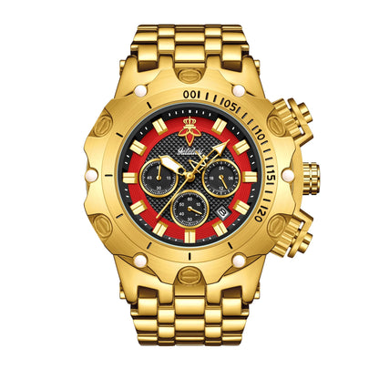 goobingoo, gold chronograph watch, mens oversized watch, blue dial gold watch, luxury stainless steel watch, bold executive timepiece, diver style watch, waterproof quartz watch, gold link bracelet, statement mens watch goobingoo