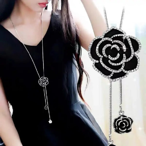 Black Rose Pendant Necklace Gothic Long Statement Chain