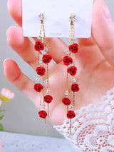 Vintage Rose Drop Earrings Long Diamond Elegant Jewelry