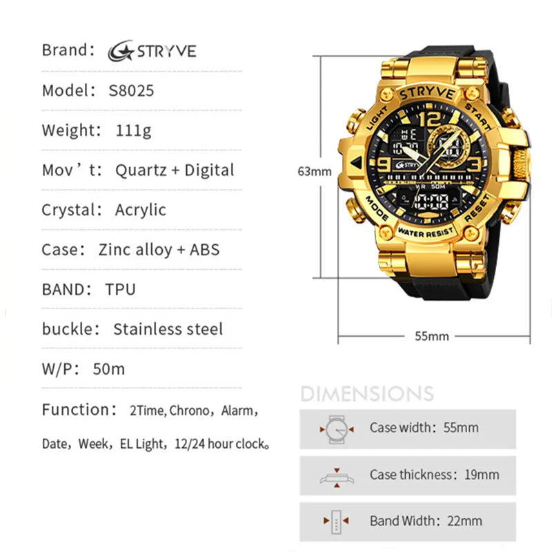 New STRYVE Watch for Men's Digital-Analog Dual Movement Luminous Calendar Waterproof Watches Fashion Men's Sports Watch 8025 goobingoo