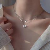 Double Layer Butterfly Necklace Sparkling Elegant Jewelry