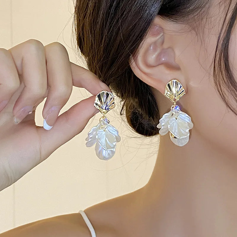 Gold Petal Tassel Earrings Fairy Shell Elegant Drop Jewelry