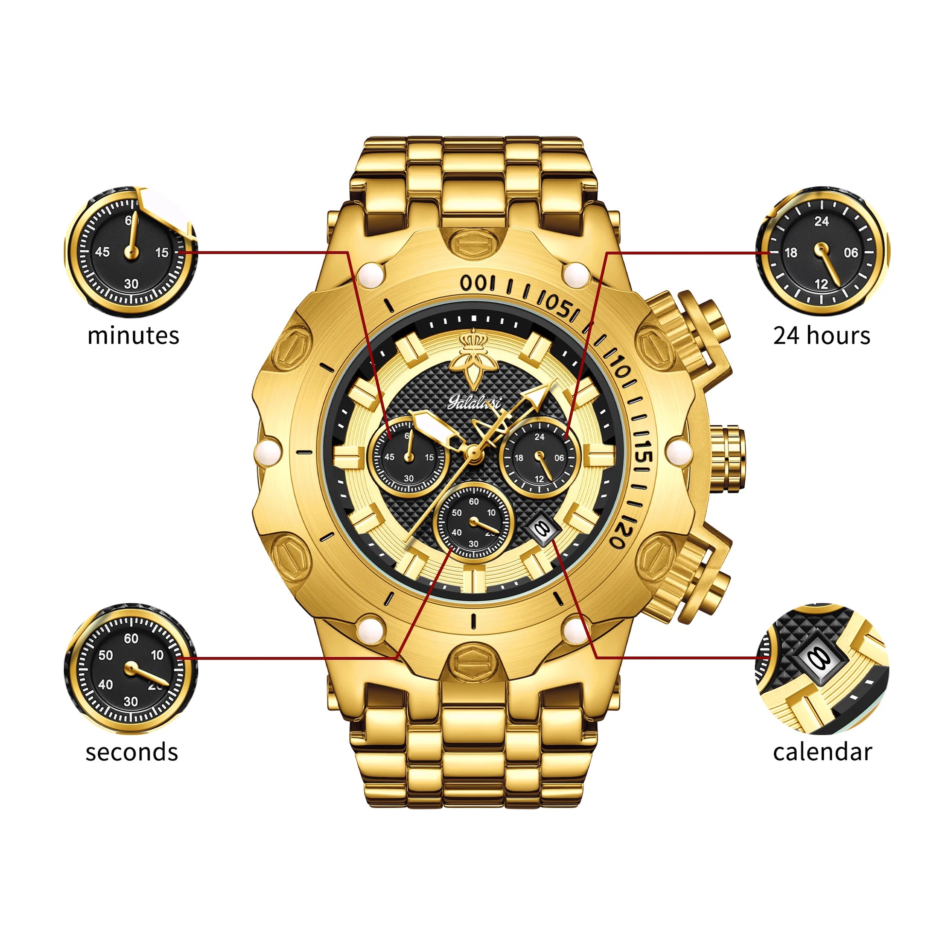 goobingoo, gold chronograph watch, mens oversized watch, blue dial gold watch, luxury stainless steel watch, bold executive timepiece, diver style watch, waterproof quartz watch, gold link bracelet, statement mens watch goobingoo