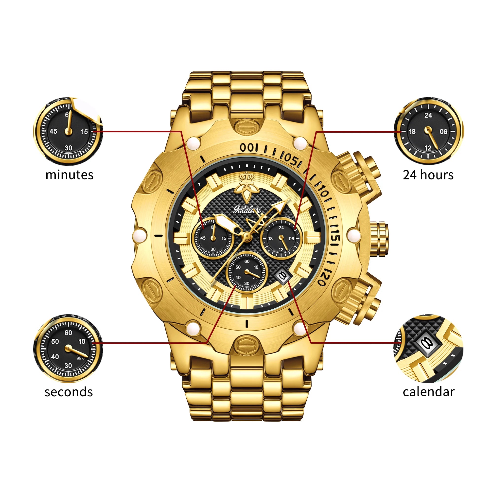 goobingoo, gold chronograph watch, mens oversized watch, blue dial gold watch, luxury stainless steel watch, bold executive timepiece, diver style watch, waterproof quartz watch, gold link bracelet, statement mens watch goobingoo