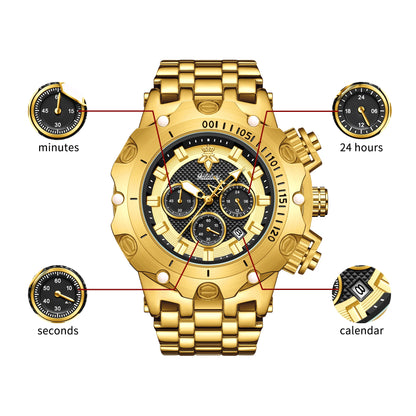 goobingoo, gold chronograph watch, mens oversized watch, blue dial gold watch, luxury stainless steel watch, bold executive timepiece, diver style watch, waterproof quartz watch, gold link bracelet, statement mens watch goobingoo
