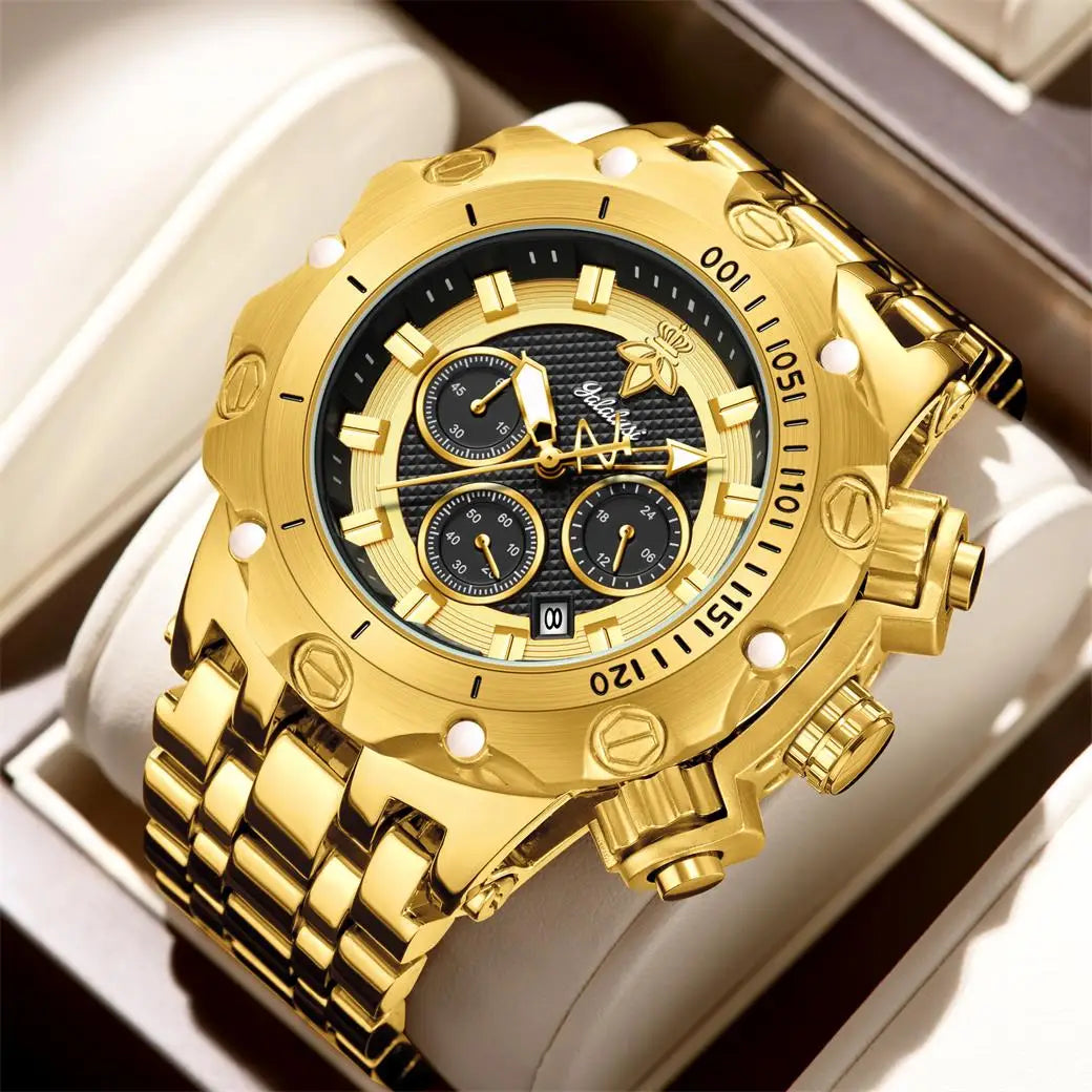 goobingoo, gold chronograph watch, mens oversized watch, blue dial gold watch, luxury stainless steel watch, bold executive timepiece, diver style watch, waterproof quartz watch, gold link bracelet, statement mens watch goobingoo