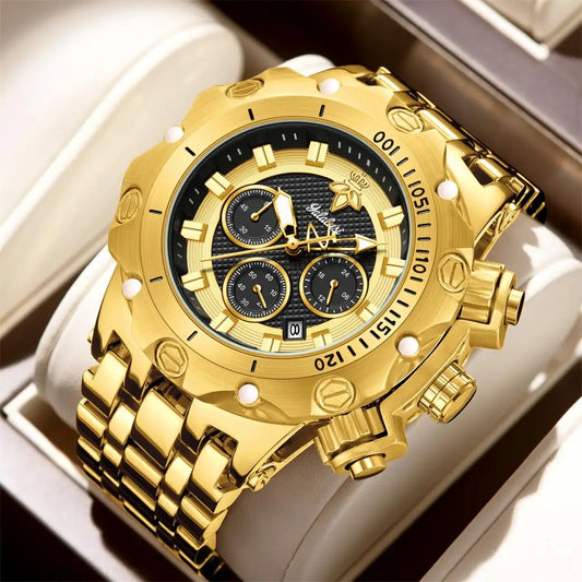 goobingoo, gold chronograph watch, mens oversized watch, blue dial gold watch, luxury stainless steel watch, bold executive timepiece, diver style watch, waterproof quartz watch, gold link bracelet, statement mens watch goobingoo