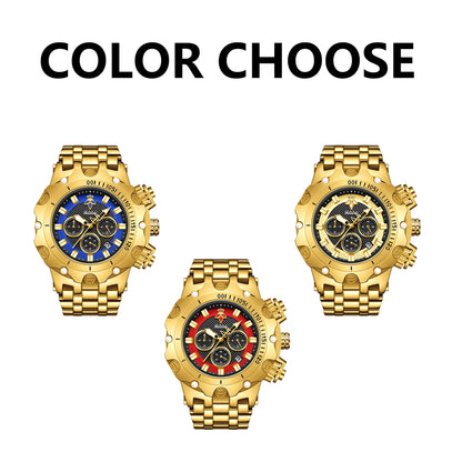 goobingoo, gold chronograph watch, mens oversized watch, blue dial gold watch, luxury stainless steel watch, bold executive timepiece, diver style watch, waterproof quartz watch, gold link bracelet, statement mens watch goobingoo