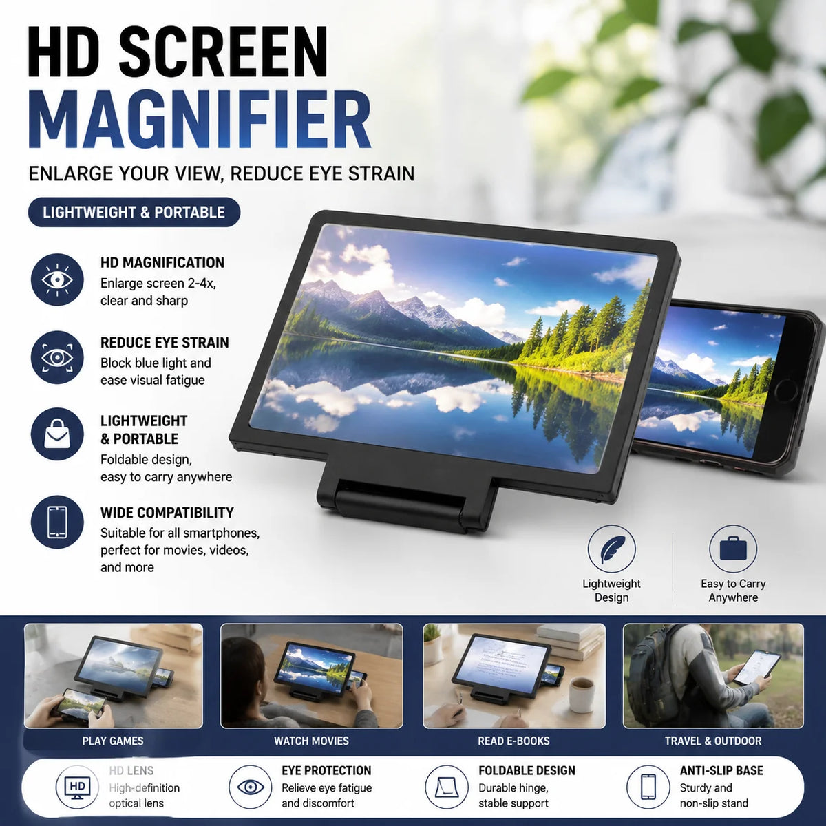goobingoo Home, screen magnifier, phone screen amplifier, portable phone stand, foldable screen expander, HD video amplifier, smartphone desk holder, eye protection magnifier, 3D movie amplifier, mobile phone accessories