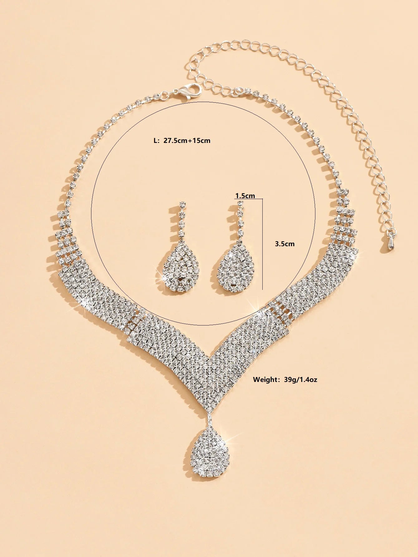 Rhinestone Teardrop Jewelry Set Necklace Earrings Wedding Bridal