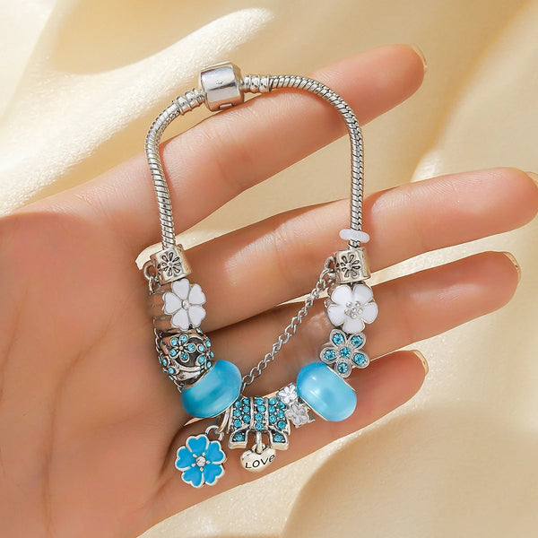 Glass Pearl Bead Bracelet — Retro Floral Charm Design