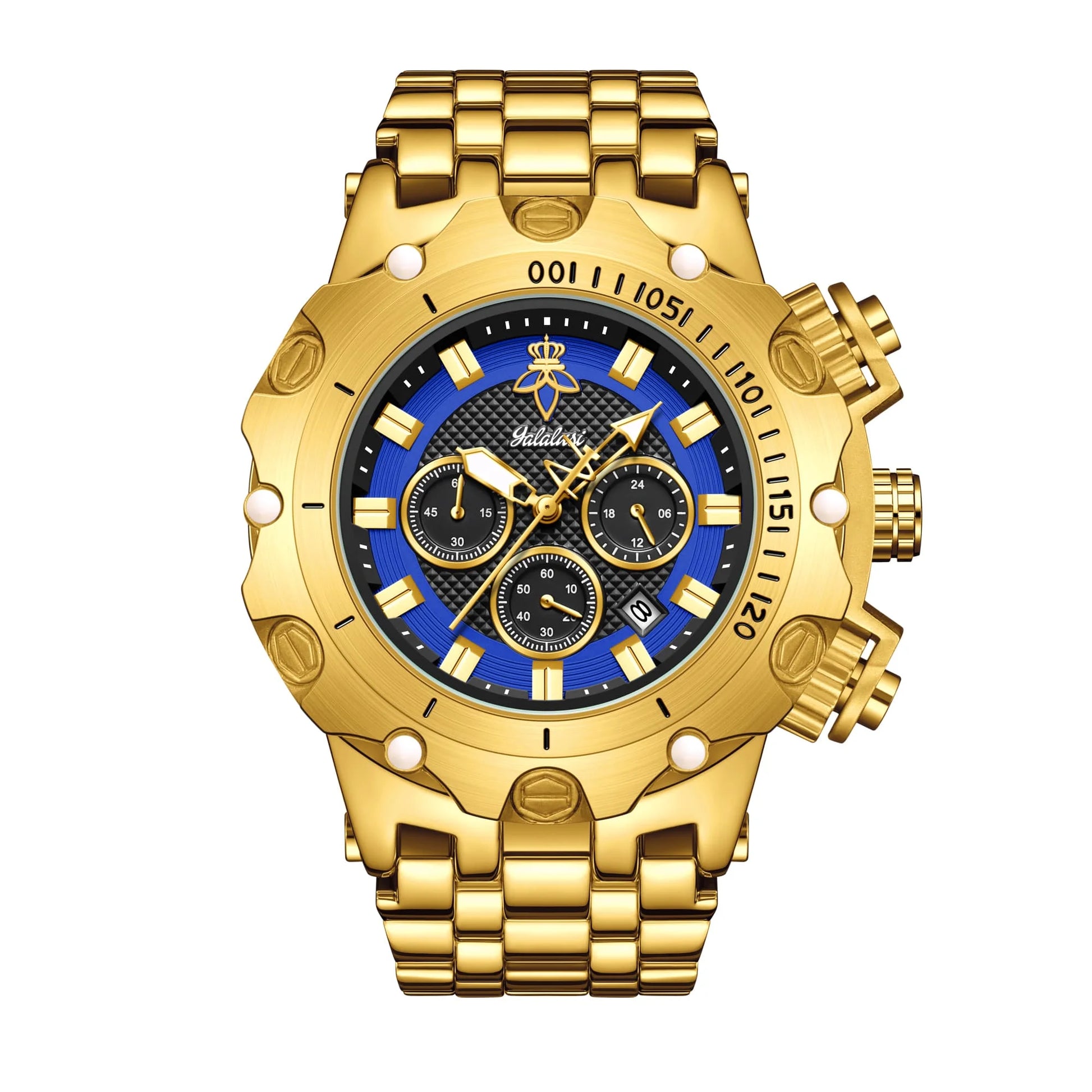 goobingoo, gold chronograph watch, mens oversized watch, blue dial gold watch, luxury stainless steel watch, bold executive timepiece, diver style watch, waterproof quartz watch, gold link bracelet, statement mens watch goobingoo