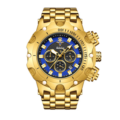 goobingoo, gold chronograph watch, mens oversized watch, blue dial gold watch, luxury stainless steel watch, bold executive timepiece, diver style watch, waterproof quartz watch, gold link bracelet, statement mens watch goobingoo