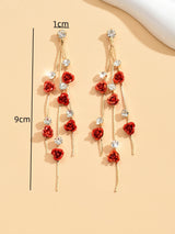 Vintage Rose Drop Earrings Long Diamond Elegant Jewelry