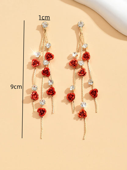 Vintage Rose Drop Earrings Long Diamond Elegant Jewelry