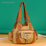 Women’s Rivet Washed Crossbody Bag – Soft Single-Shoulder Handbag with Large Capacity, Multi-Layer Design, Casual & Travel Bag