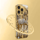 New Luxury Golden Series Phone Case – Diamond Accents & Golden Horse Motif (iPhone Compatible)