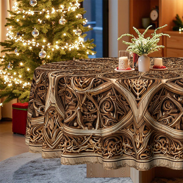 Round Mandala Table Cover – Golden & Brown Beige Fabric Tablecloth, Durable & Easy-to-Clean, Perfect for Christmas, Thanksgiving & Festive Dining goobingoo