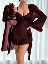European & American Women’s Sexy Lace Nightgown – Elegant Halter Dress with Mesh Outer Robe, Solid Color Homewear Set