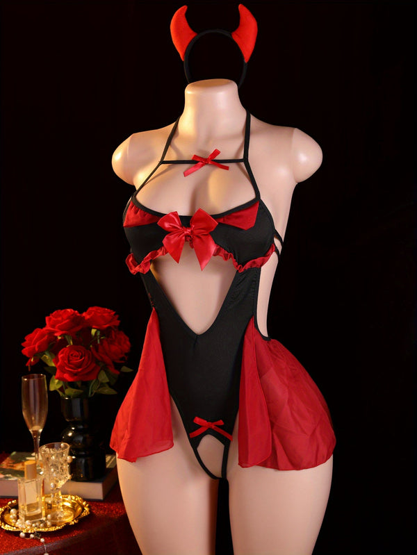 Women’s Seductive Little Devil Costume – Black & Red Lace-Up Off-Shoulder Dress with Thigh Slits & Bow Accents, Adult Halloween Outfit goobingoo