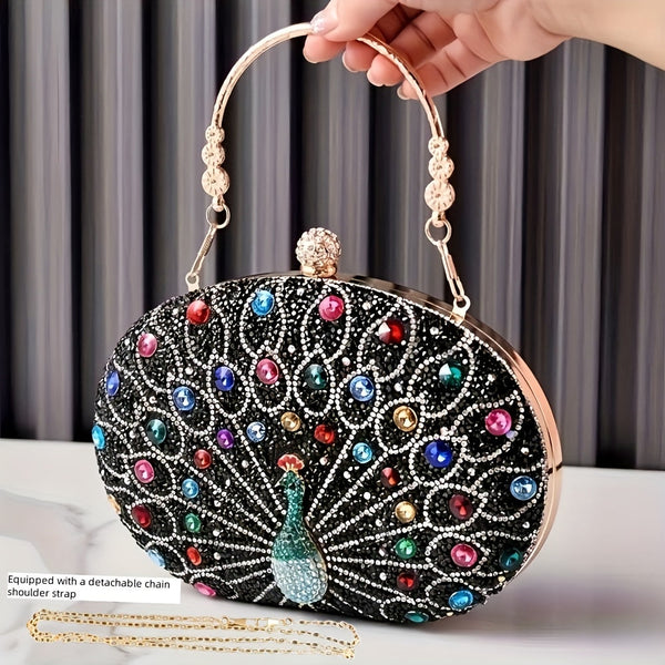 Women’s Peacock Crystal Evening Clutch – Vintage Geometric PU Party Handbag with Detachable Chain goobingoo