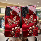 Elegant butterfly & pearl rose Samsung phone case. Slim, protective design for S9+ through S25 series. Stylish, lightweight, and perfect for gifting.