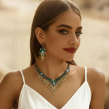 Green Necklace and Earrings Set for Women - Evening Wear Accessories, Fashionable Minimalist Jewelry Set