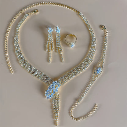 Women’s 4pcs Imitation Crystal Jewelry Set – V-Style Tassel Necklace, Dangle Earrings, Bracelet & Ring, Retro Elegant Party Accessories goobingoo