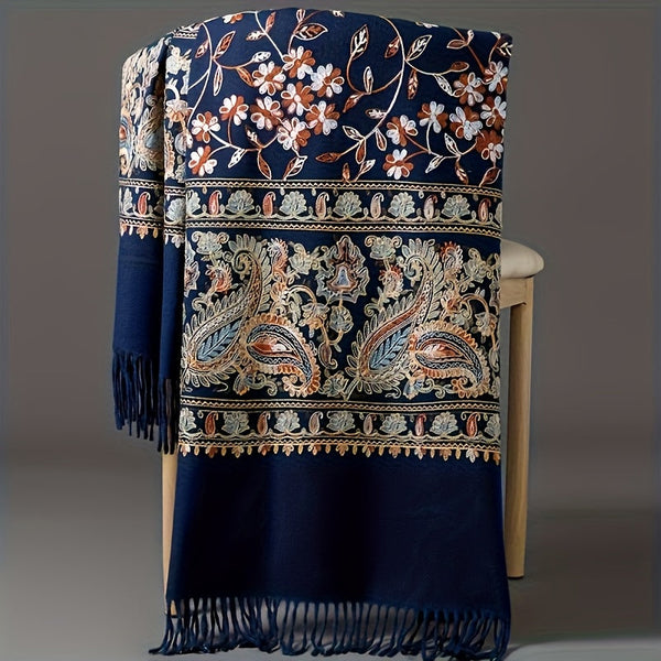 Bohemian Floral Cashmere Scarf – Navy Paisley with Orange & White Accents, Tassel Trim Lightweight Shawl for Women, Spring/Fall Fashion & Casual Wear goobingoo