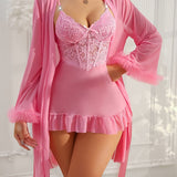 European & American Women’s Sexy Lace Nightgown – Elegant Halter Dress with Mesh Outer Robe, Solid Color Homewear Set
