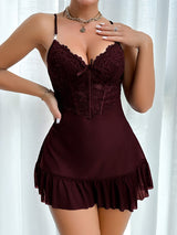 European & American Women’s Sexy Lace Nightgown – Elegant Halter Dress with Mesh Outer Robe, Solid Color Homewear Set