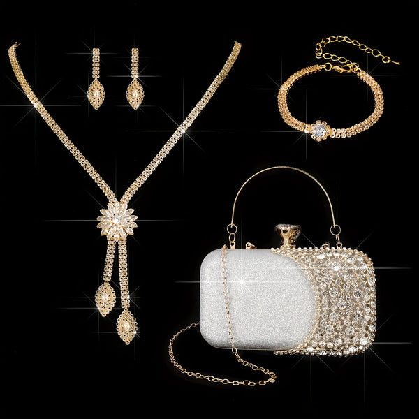 4pcs Of Ladies' Dinner Bag, Necklace, Earrings And Bracelet Set, High-end, Luxurious, Elegant, Shiny, Single-shoulder Crossbody Bag. Excellent Gifts For Weddings, Parties And Banquets goobingoo
