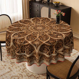 Round Mandala Table Cover – Golden & Brown Beige Fabric Tablecloth, Durable & Easy-to-Clean, Perfect for Christmas, Thanksgiving & Festive Dining