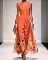 goobingoo Premium Floral V-Neck Maxi Dress - Elegant Ombré Printed Evening Gown