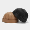 Adjustable Retro Brimless Docker Cap – PU Leather Solid Color Hat, Casual & Outdoor Beanie Style for Autumn & Winter goobingoo