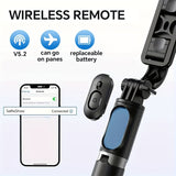 40" retractable selfie stick tripod with wireless remote and 360° rotation. Stable anti-shake design ideal for travel, vlogs, live streaming, iPhone & Android.