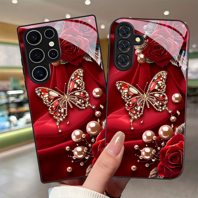 Elegant butterfly & pearl rose Samsung phone case. Slim, protective design for S9+ through S25 series. Stylish, lightweight, and perfect for gifting.