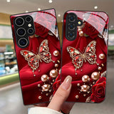 Elegant butterfly & pearl rose Samsung phone case. Slim, protective design for S9+ through S25 series. Stylish, lightweight, and perfect for gifting.