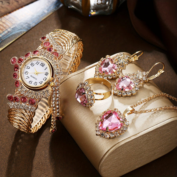 5pcs Women’s Luxury Quartz Watch & Jewelry Set – Rhinestone Strap Watch with Necklace, Earrings & Ring, Elegant Gift for Mother’s Day, Christmas & Birthdays goobingoo